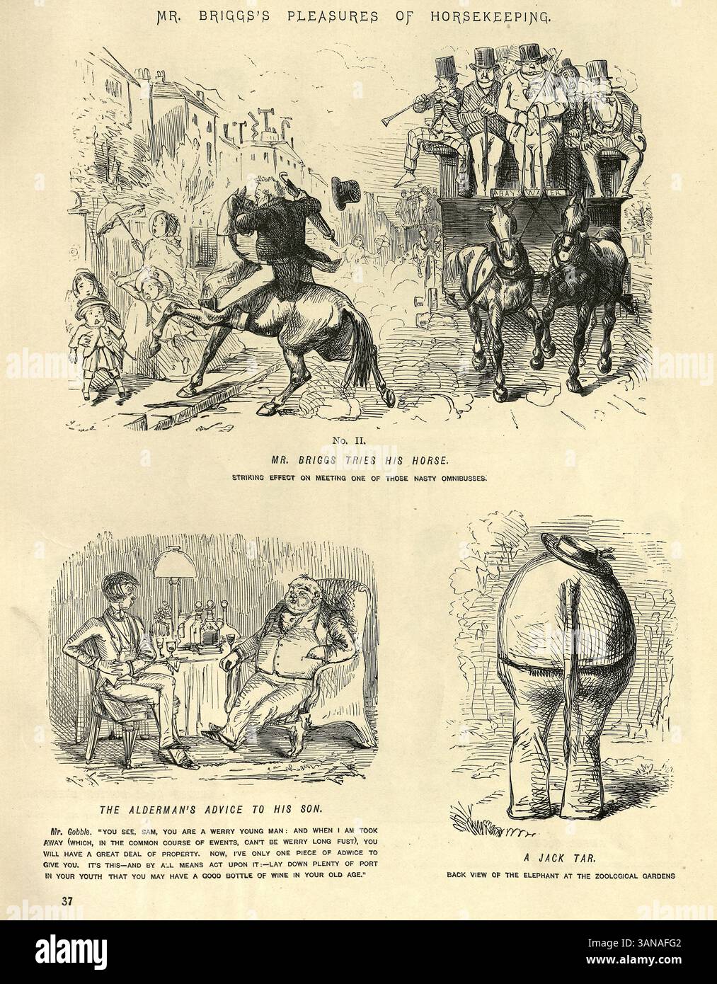 Victorin Cartoons von John Leech, Mr. Briggs versucht sein Pferd, Ratschläge des Stadträts an seinen Sohn, A Jack Tar, 19. Jahrhundert Humor, Vintage Illustration Stockfoto
