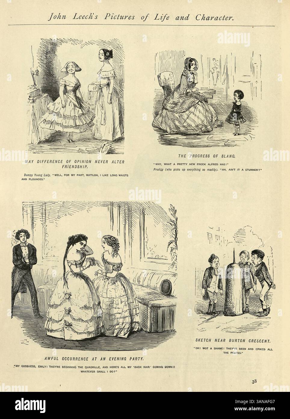 Viktorianischer Zeichentrick von John Leech, Humor des 19. Jahrhunderts, Vintage Illustration, Freundschaft, Slang, Abendparty, Burton Crescent Stockfoto