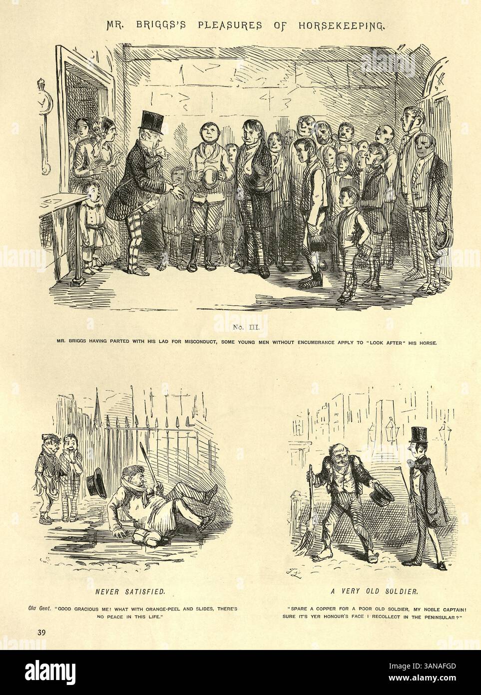 Viktorianischer Zeichentrick von John Leech, Humor aus dem 19. Jahrhundert, Vintage Illustration, Ein neuer Bräutigam, nie zufrieden, der alte Soldat bettelt Stockfoto