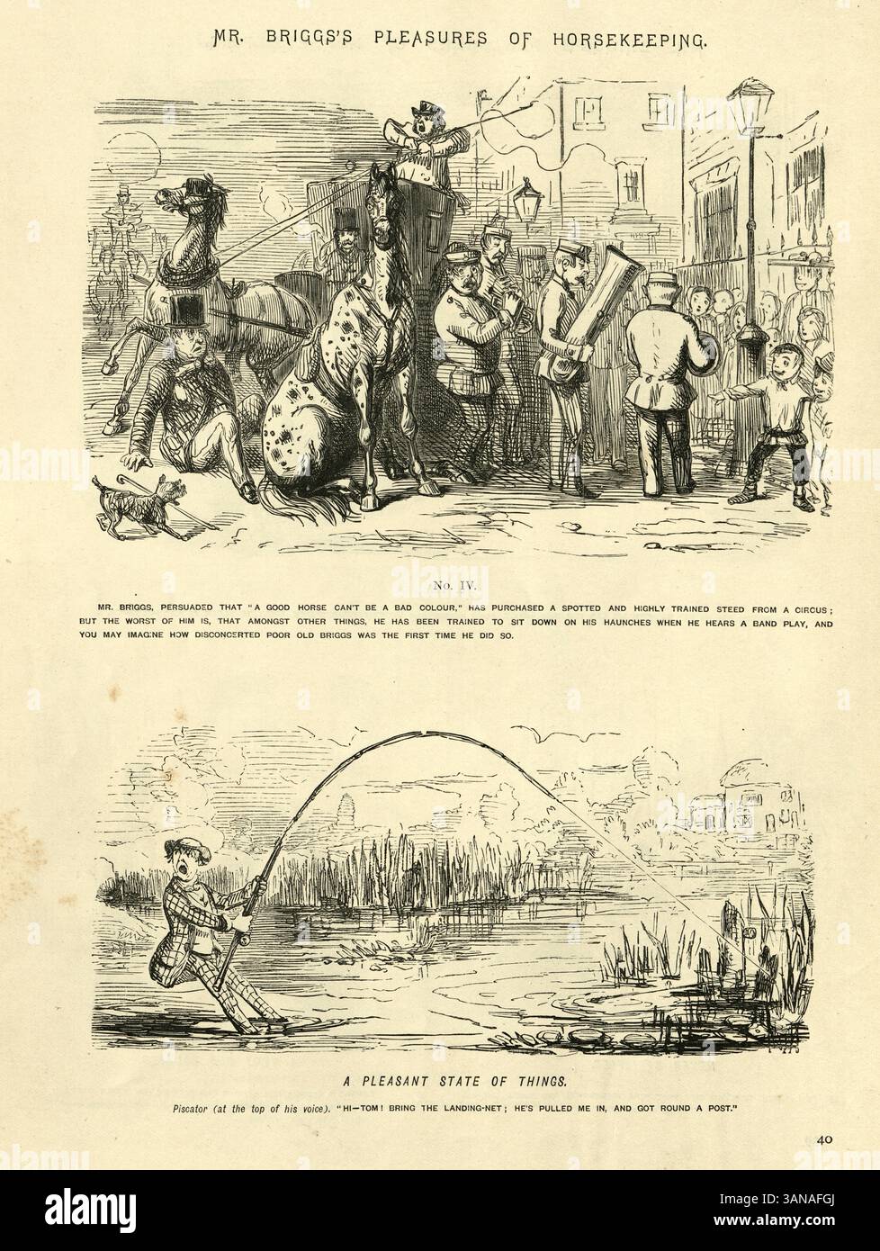 Viktorianischer Zeichentrick von John Leech, Humor aus dem 19. Jahrhundert, Vintage-Illustration, Zirkuspferd für die Kutsche, Angeln Stockfoto