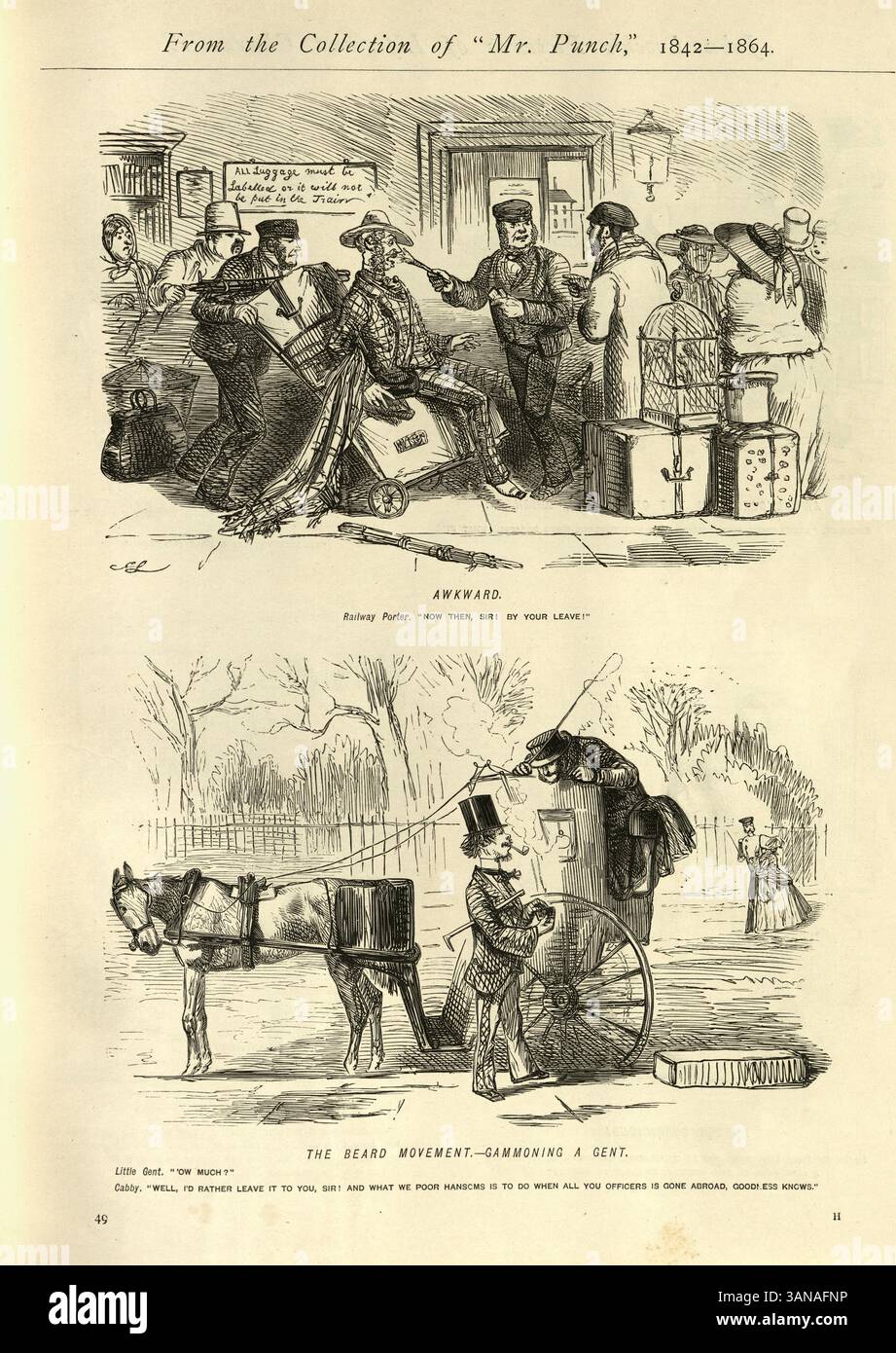 John Leech, Punch Cartoons, Eisenbahnporter, Passagier- und Taxifahrer, viktorianischer Humor aus dem 19. Jahrhundert, Karikaturen Stockfoto