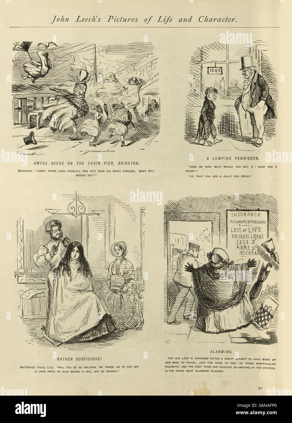 Sturm in Brighton, Friseurin, John Leech, Punch-Cartoons, Bilder von Leben und Charakter, viktorianischer Humor aus dem 19. Jahrhundert, Karikaturen Stockfoto
