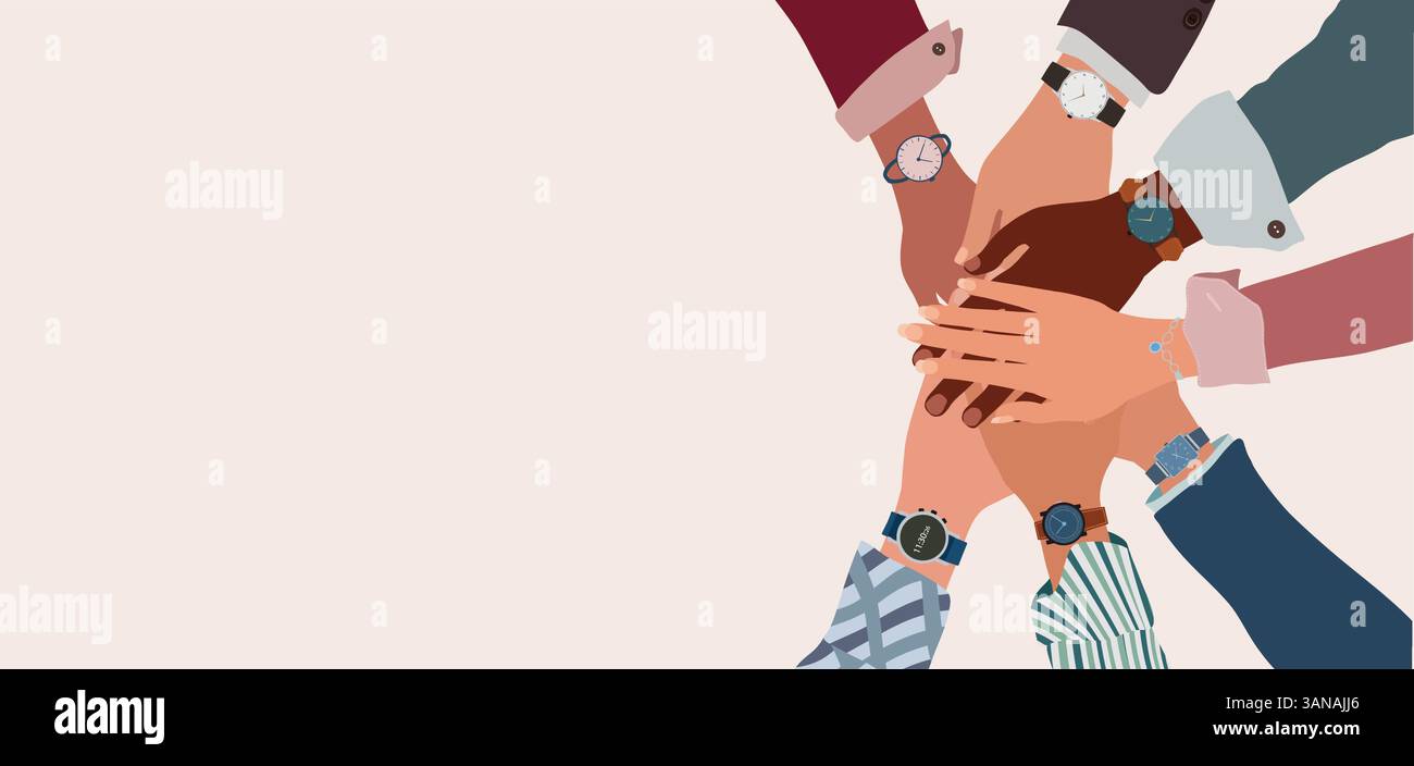 Draufsicht verschiedener Hände, die in einem Kreis gestapelt sind. Multikulturelle Teamarbeit und Startup Collaboration Stock Vektor