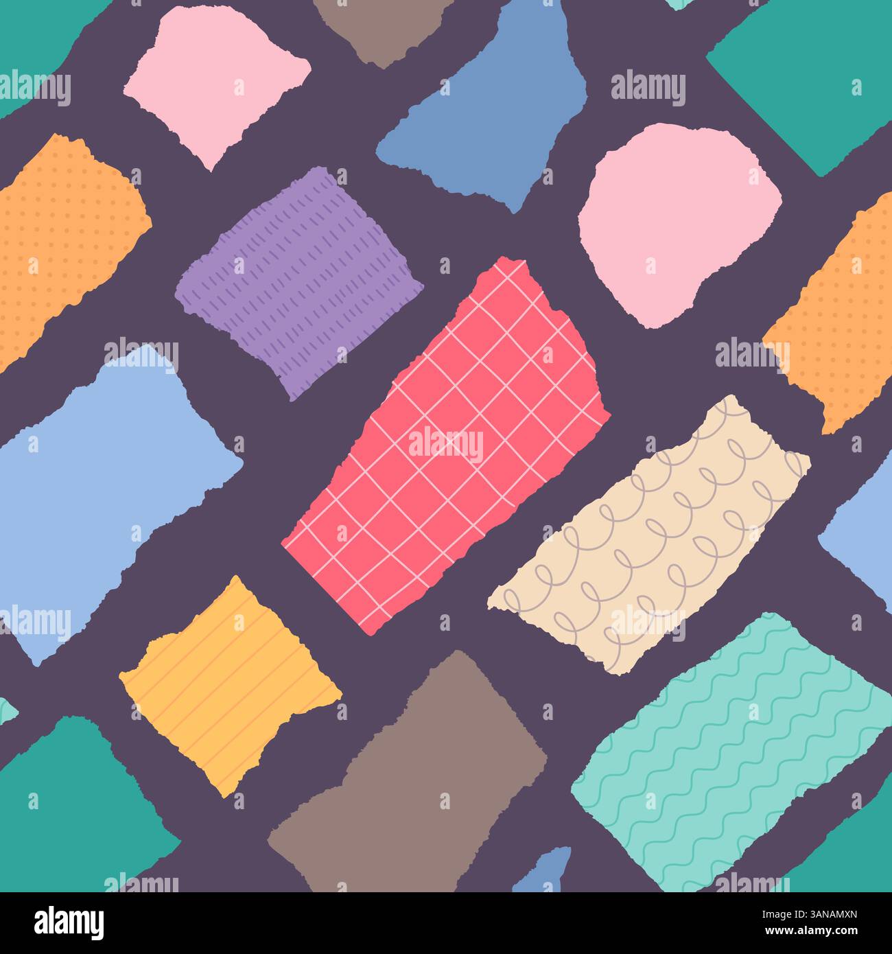 Gerissene Papierstücke nahtloses Muster. Farbig geschnittene Fragmente, zufällige Formen von Fetzen, wiederholte Collageelemente, niedliches Textil, Geschenkpapier, Tapeten Stock Vektor