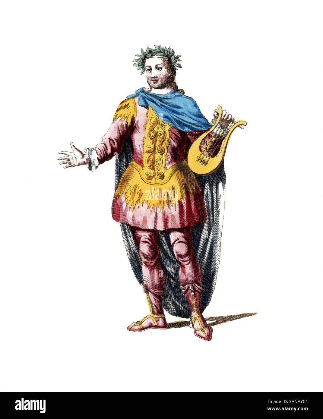 Historische Kleidung, Modegeschichte, symbolische Figur für Apollon, Apollon, in der griechischen und römischen Mythologie Gott des Lichts, des Frühlings, der moralischen Reinheit und der Mäßigung, sowie Prophetie und Kunst, digital restaurierte Reproduktion eines Originals aus dem 18./19. Jahrhundert, exaktes Datum unbekannt Stockfoto