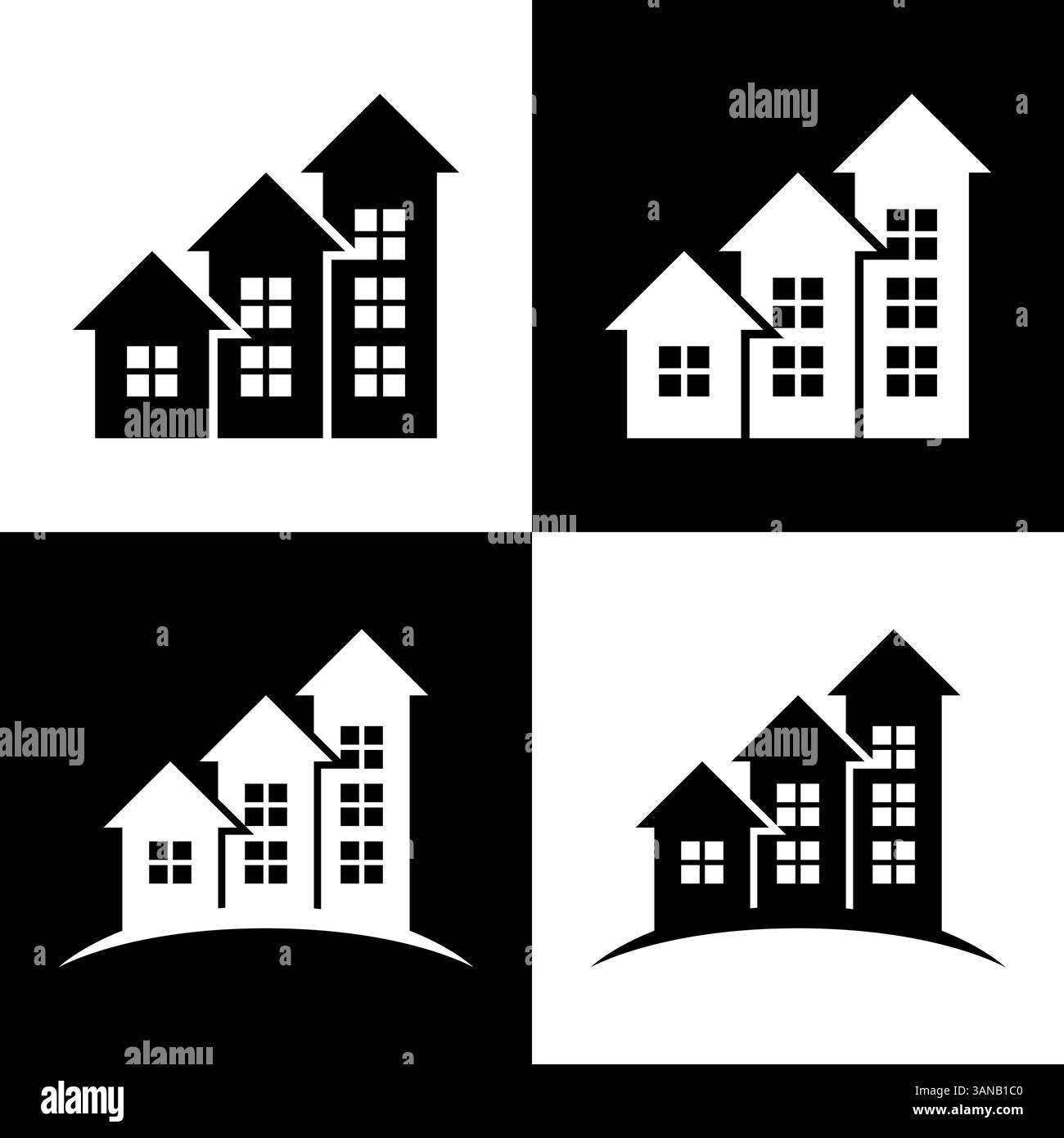 Immobilienwachstum, Grafik von drei Häusern, die einen nach oben zeigenden Pfeil bilden. Steigende Immobilienwerte, Markttrends und Investitionspotenzial. Stock Vektor