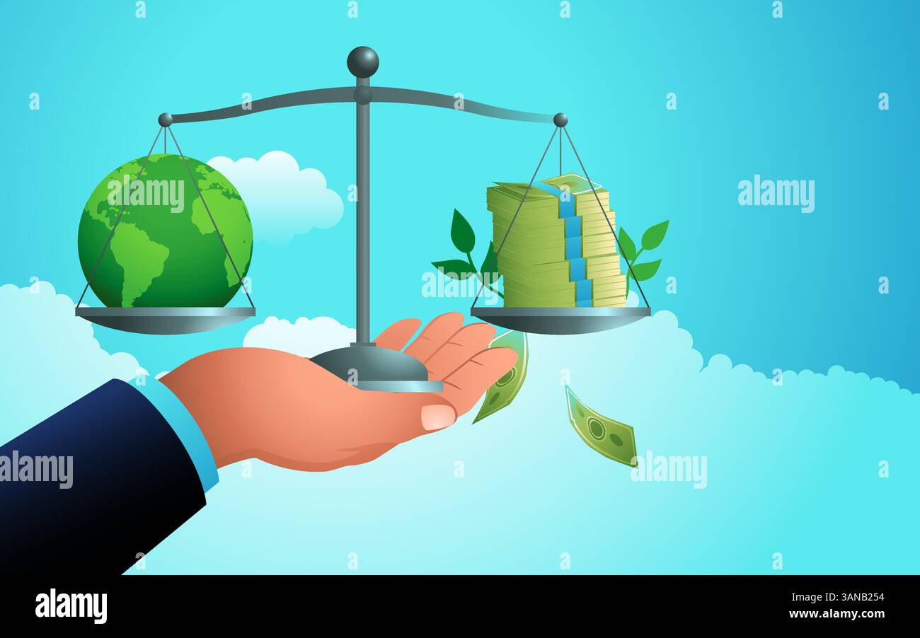 Konzept der grünen Wirtschaft. Ausgleich zwischen Wirtschaftswachstum und Umweltverantwortung Stock Vektor