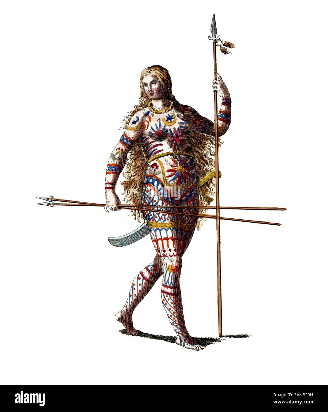 Historische Kleidung, Modegeschichte, Kleidung einer Piktin, indigene Völker in Schottland, digital restaurierte Reproduktion eines Originals aus dem 18./19. Jahrhundert, exaktes Datum unbekannt Stockfoto