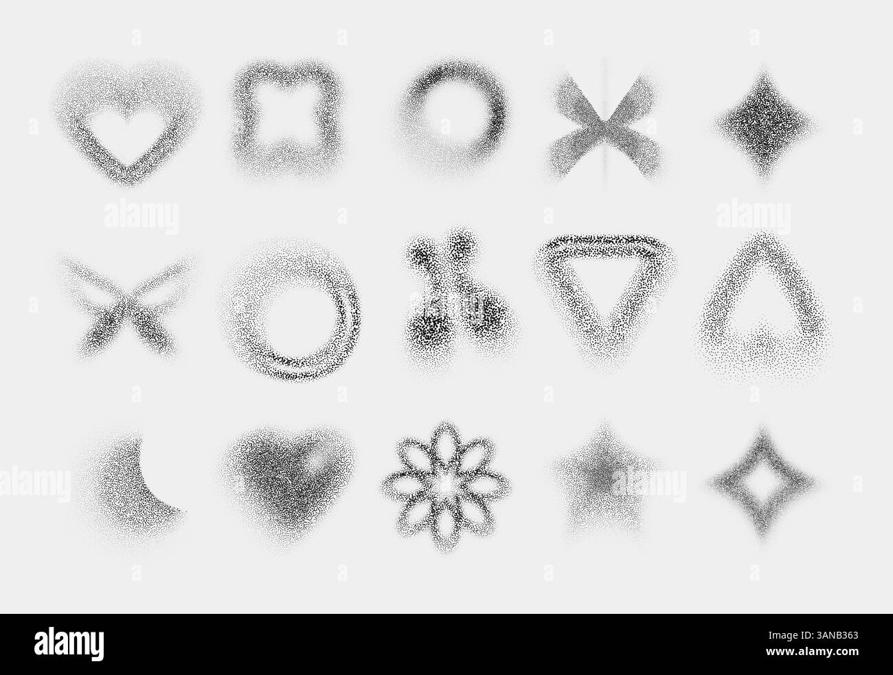 Schwarz gepunktete Symbole der y2k-Form – Herz, Quadrat und Kreis, Blume und Stern, Schmetterling und geometrische Symbole mit Stipple-Rauscheffekt. Grungy Designelemente aus verstreuten Punkten. Stock Vektor