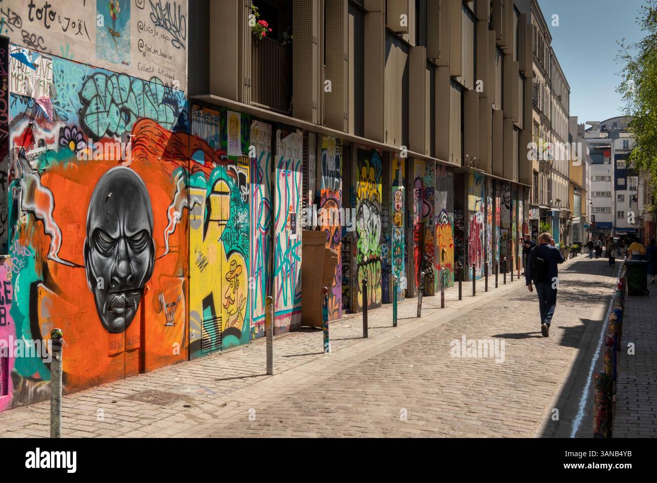 Frankreich, Paris, Belleville, Rue Denoyez, Graffiti gesäumte Straße im überwiegend Einwanderungsviertel Stockfoto