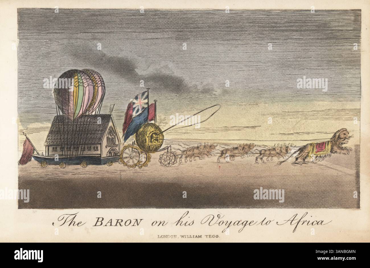 Baron Munchausen im Wagen von Königin Mab. Eine riesige goldene Haselnuss auf Federrädern, verziert mit Fahnen, gezeichnet von einem riesigen Bullen John Mowmowsky und neun Bullen in Menschenschädelschuhen. Ein Gebäude auf einem Wagen, der an Heißluftballons befestigt ist. Der Baron auf seiner Reise nach Afrika. Handkolorierter Kupferstich nach einer Illustration von Rudolf Erich Raspe aus seinen Reisen und überraschenden Abenteuern von Baron Munchausen, William Tegg, London, 1877. Stockfoto