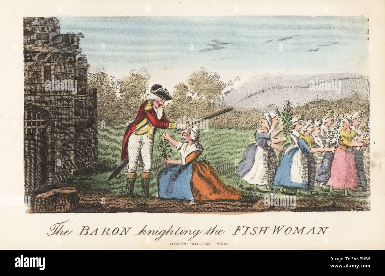 Baron Munchausen bei der Französischen Revolution. Der Baron verteidigt das französische Königtum und stößt die Fischfrauen während des Marsches nach Versailles ab, indem er eine Frau mit seinem Schwert zum Ritter bringt. Der Baron, der die Fischfrau zum Ritter bringt. Handkolorierter Kupferstich nach einer Illustration von Rudolf Erich Raspe aus seinen Reisen und überraschenden Abenteuern von Baron Munchausen, William Tegg, London, 1877. Stockfoto
