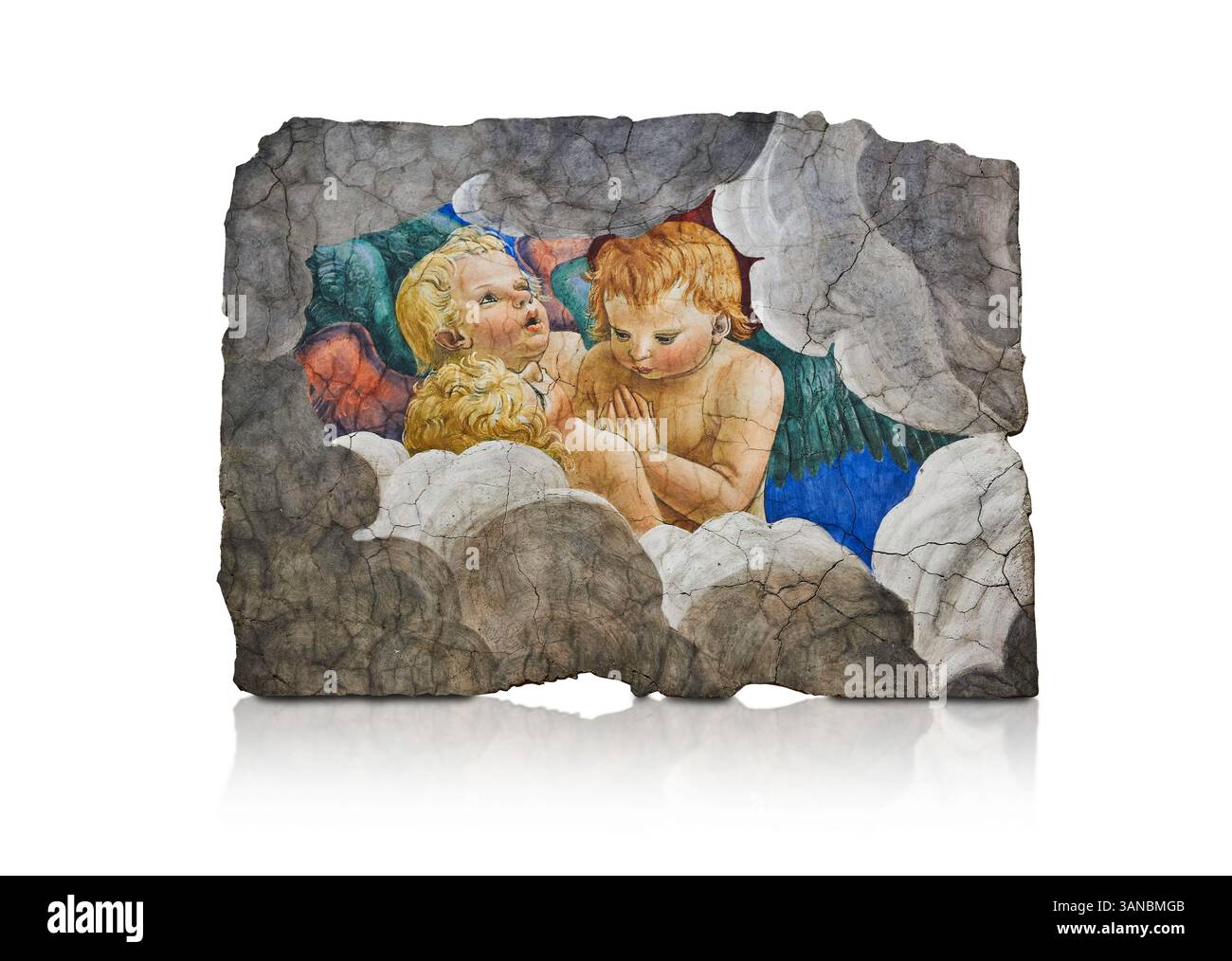 Fragment eines Deckenfreskos der Renaissance-Apsis, das aufgewühlte Engel zeigt, die zwischen Wolken fliegen. Entfernt von der Basilika Santi Apostoli ( auch Santi Dodi Stockfoto