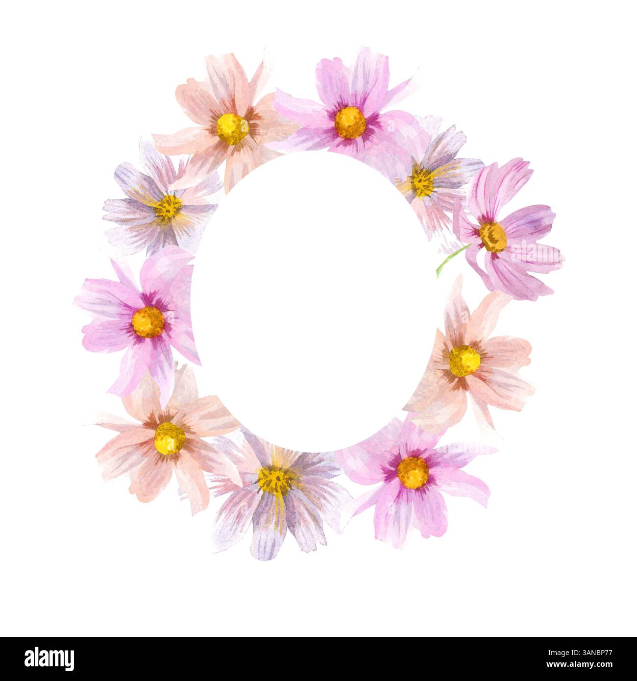 Ovaler Rahmen mit rosa Aquarellblumen Stockfoto