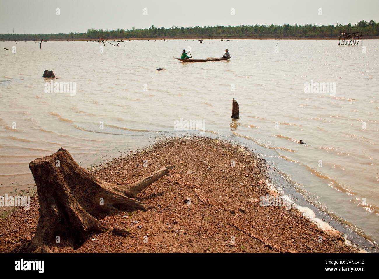 April 2010 - Nakhon Phanom, Thailand - Menschen versuchen, im Boden des Hua hin Sanon Reservoir in der Provinz Nakhon Phanom, Thailand zu fischen. Das Reservoir ist so niedrig, dass die Baumstümpfe, die beim Öffnen zurückgelassen wurden, jetzt auftauchen. Das 600 Hektar große Reservoir wurde 1985 gebaut und ist im ersten Jahr leer. Die Region befindet sich inmitten einer rekordverdächtigen Dürre, und der Mekong ist an seinem tiefsten Punkt seit fast 50 Jahren und hat eine Umweltkatastrophe ausgelöst, die die Region noch nie erlebt hat. Viele der Menschen, die entlang der Flussfarm leben und fischen. Sie behaupten, dass ihre Ernteerträge stark rot sind Stockfoto