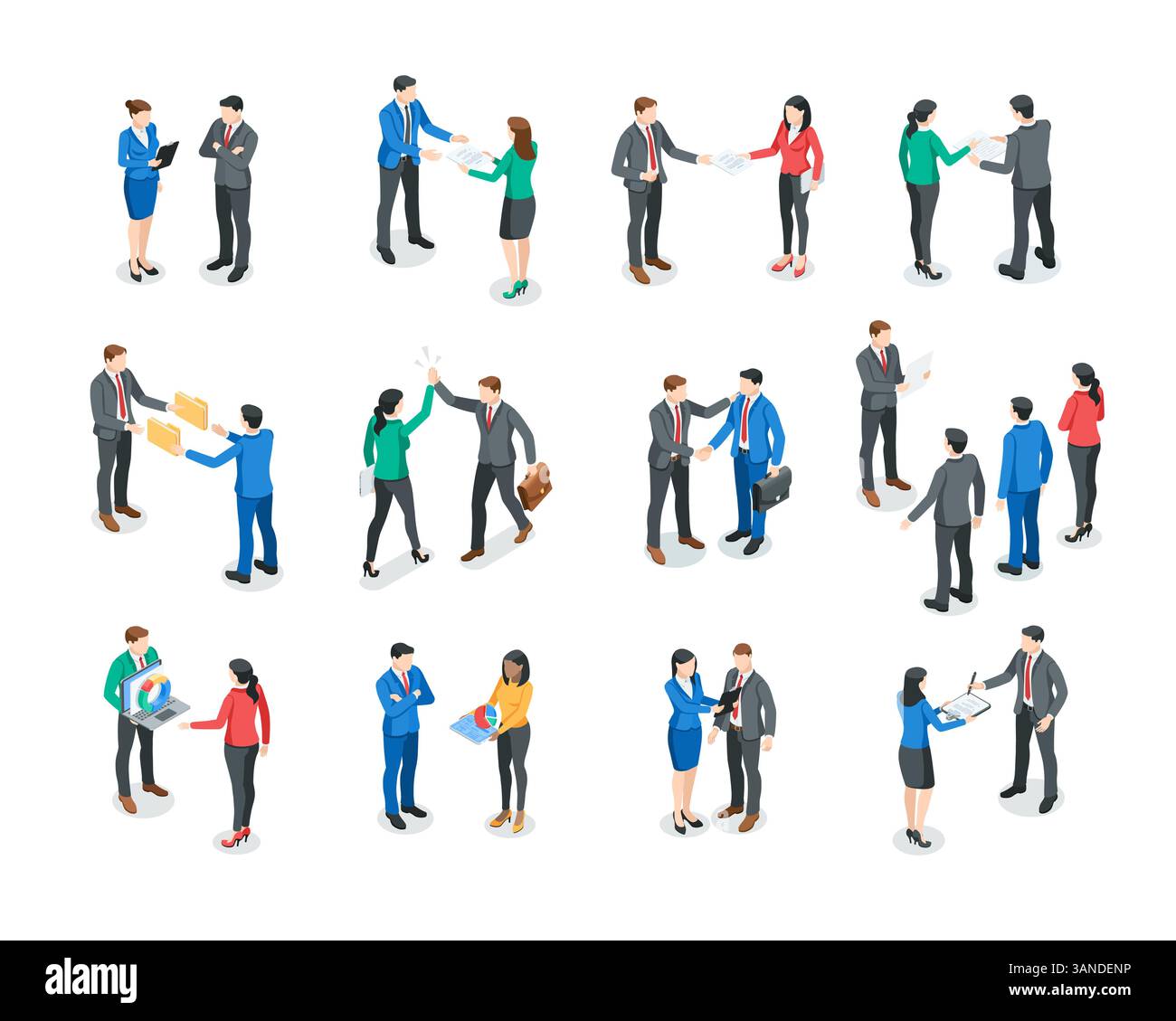 Isometrischer Vektorsatz von Geschäftsleuten in verschiedenen Arbeitssituationen, in Farbe auf weißem Hintergrund, im Büro oder in Arbeitsbeziehungen Stock Vektor