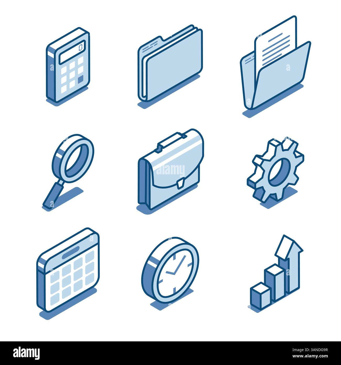 Isometrischer Vektorsatz von linearen Symbolen von Ordnern mit Aktenkoffer und auch mit einer Uhr und einem Taschenrechner, in Farbe auf weißem Hintergrund, Business und Stock Vektor