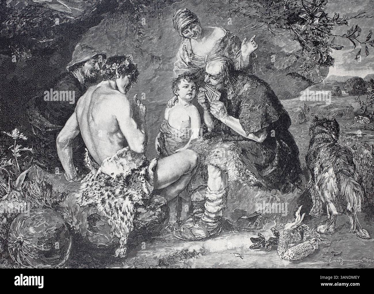 "Pan Flöte Musikunterricht, Hirtengruppe, um 1880, Griechenland, digitale Wiedergabe eines Originals aus dem 19. Jahrhundert, historisch, Menschen in einer Höhle, die ein ernsthaftes Gespräch führen, umgeben von der Natur; Schwarzweißbild mit nostalgischer Atmosphäre" Stockfoto