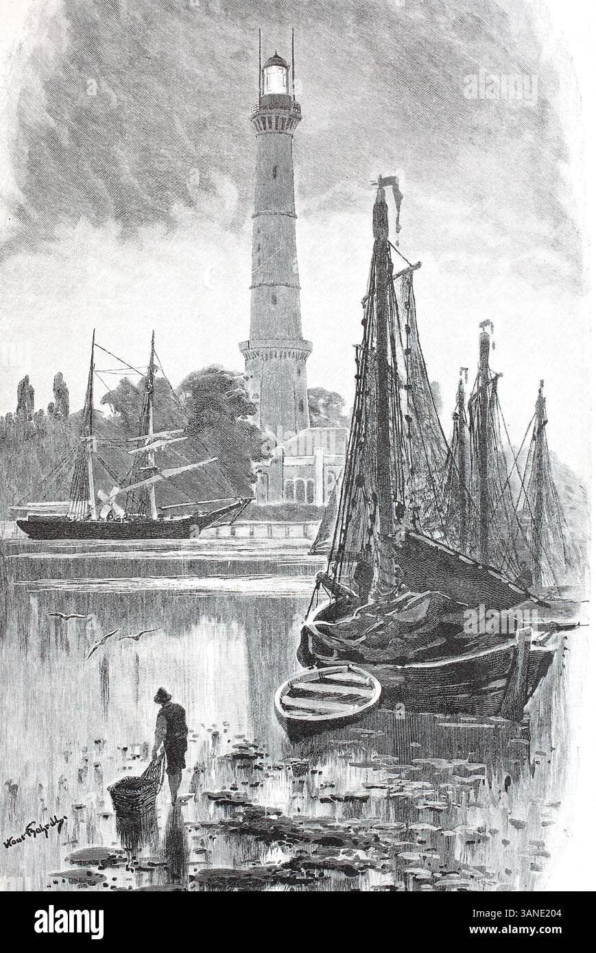 Der Leuchtturm von Swinoujscie im Jahre 1890, heute Swinoujscie, eine Stadt in Westpommern, Polen, digitale Reproduktion eines Originals aus dem 19. Jahrhundert, historisch Stockfoto