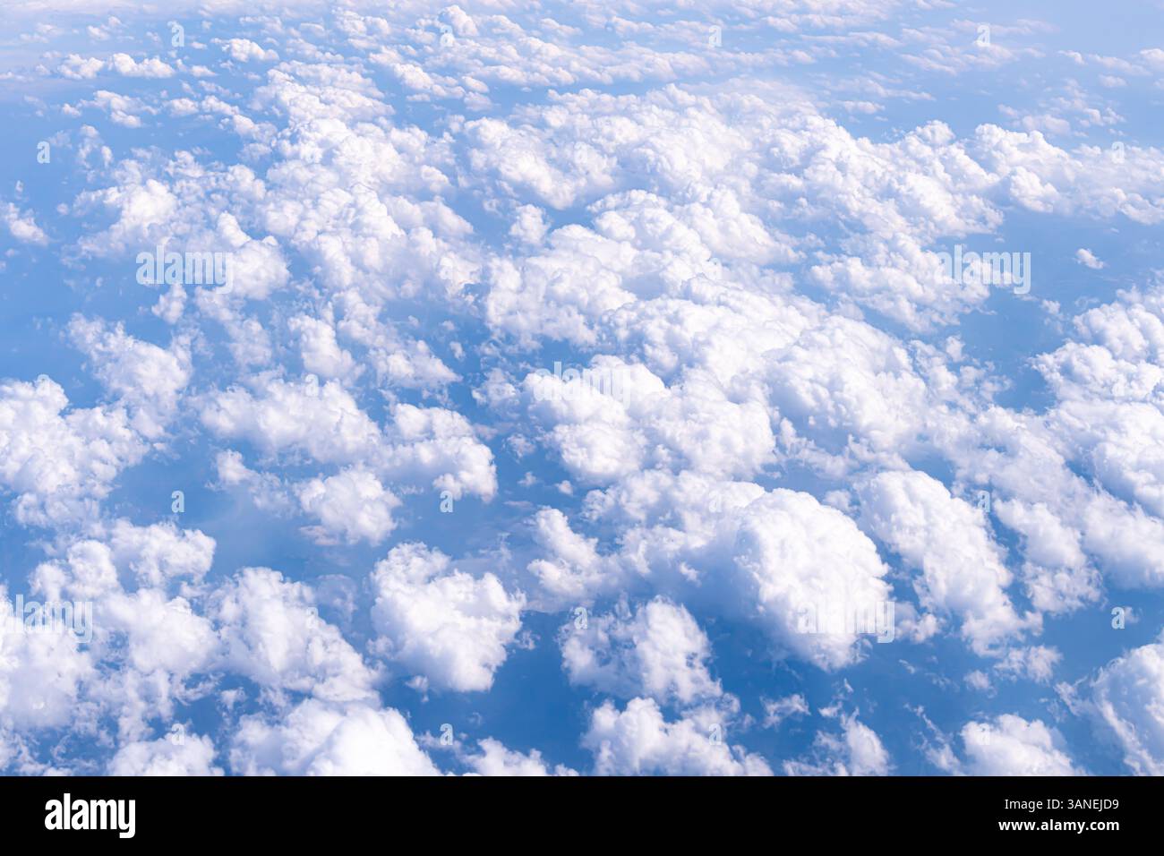Ruhiger blauer Himmel mit flauschigen weißen Wolken Eine ruhige und traumhafte natürliche Kulisse für ruhige und friedliche Bilder. Stockfoto