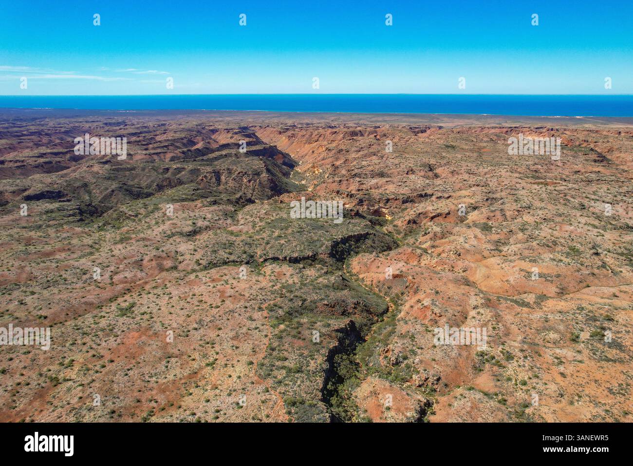 Aus der Vogelperspektive auf den rauen Charles Knife Canyon und die Schlucht im ausgedehnten Cape Range National Park, Exmouth, Western Australia. Stockfoto
