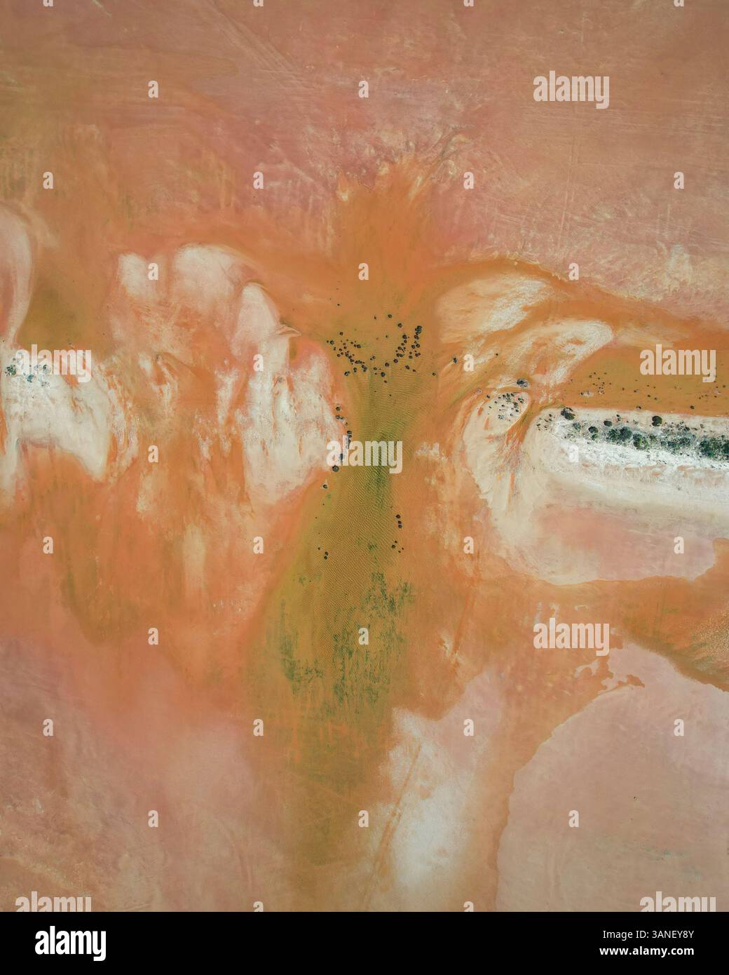 Aus der Vogelperspektive auf die zerklüftete Landschaft und die Bergbaufarm in der Nähe des Lake MacLeod, Gascoyne Region, Australien. Stockfoto