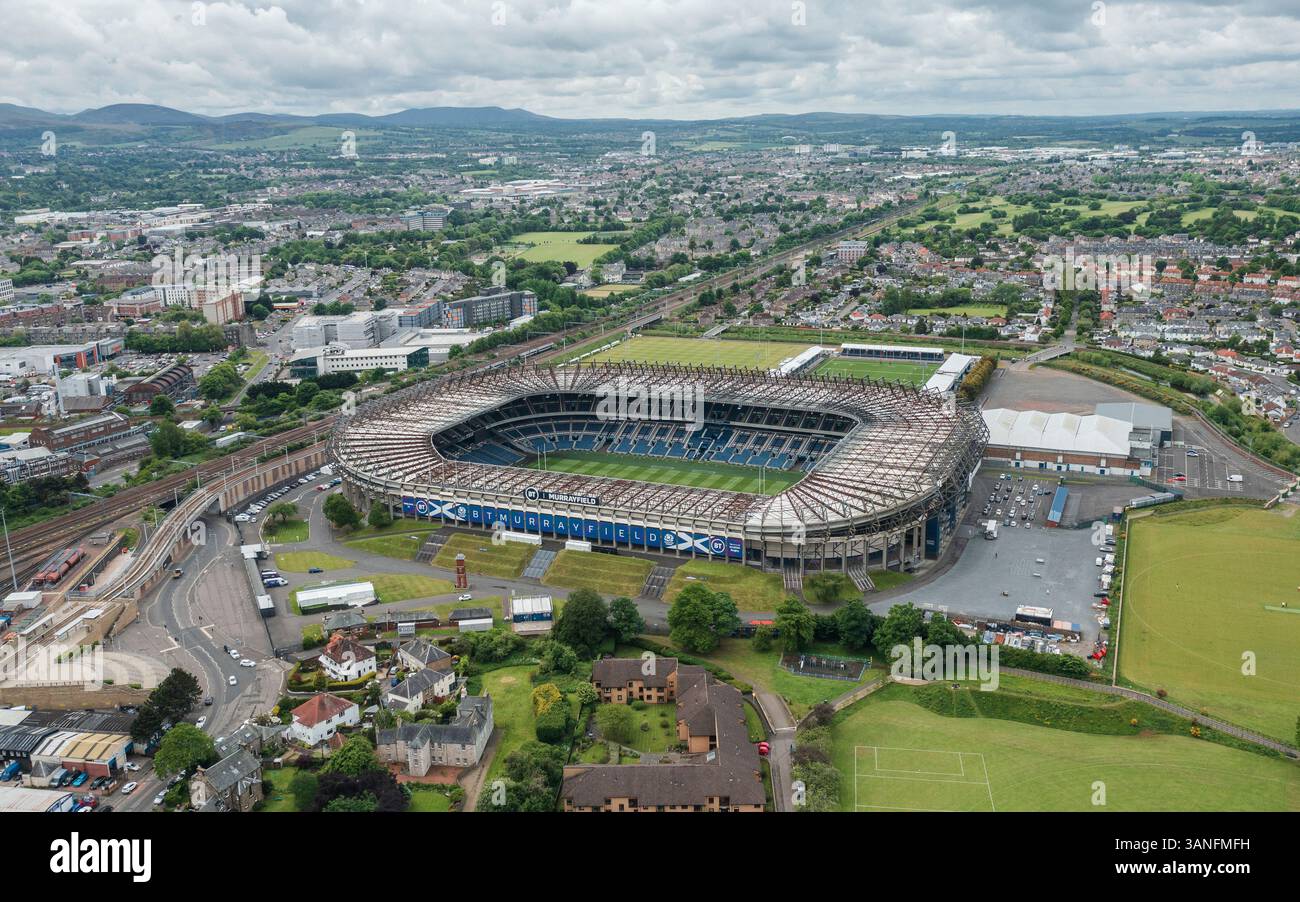 Luftaufnahme des Scottish Gas Murrayfield Stadium, Roseburn St, Edinburgh, VK Stockfoto