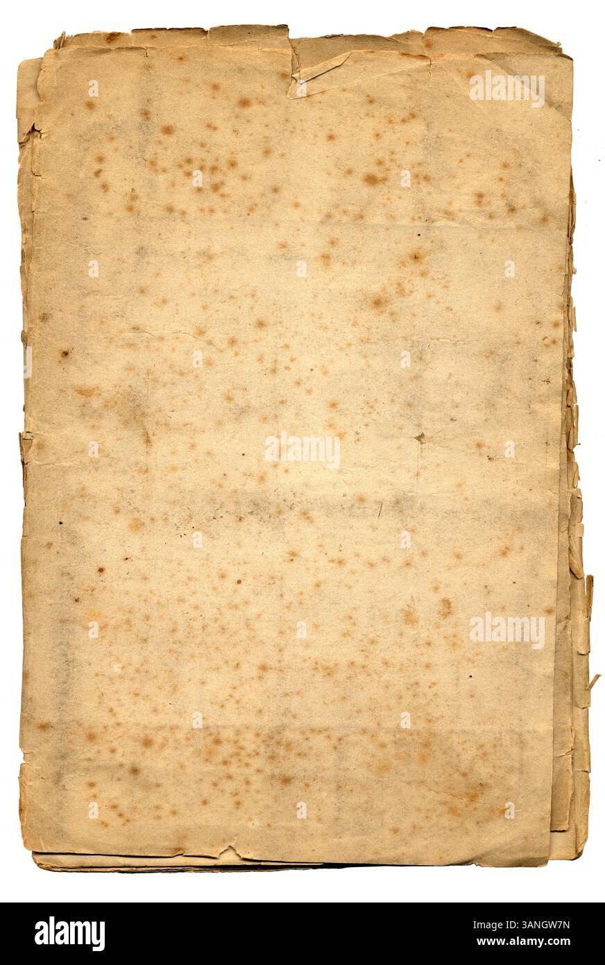 Blätter vergilbendes altes Papier mit beschädigten Kanten und gefalteten Ecken. Stockfoto