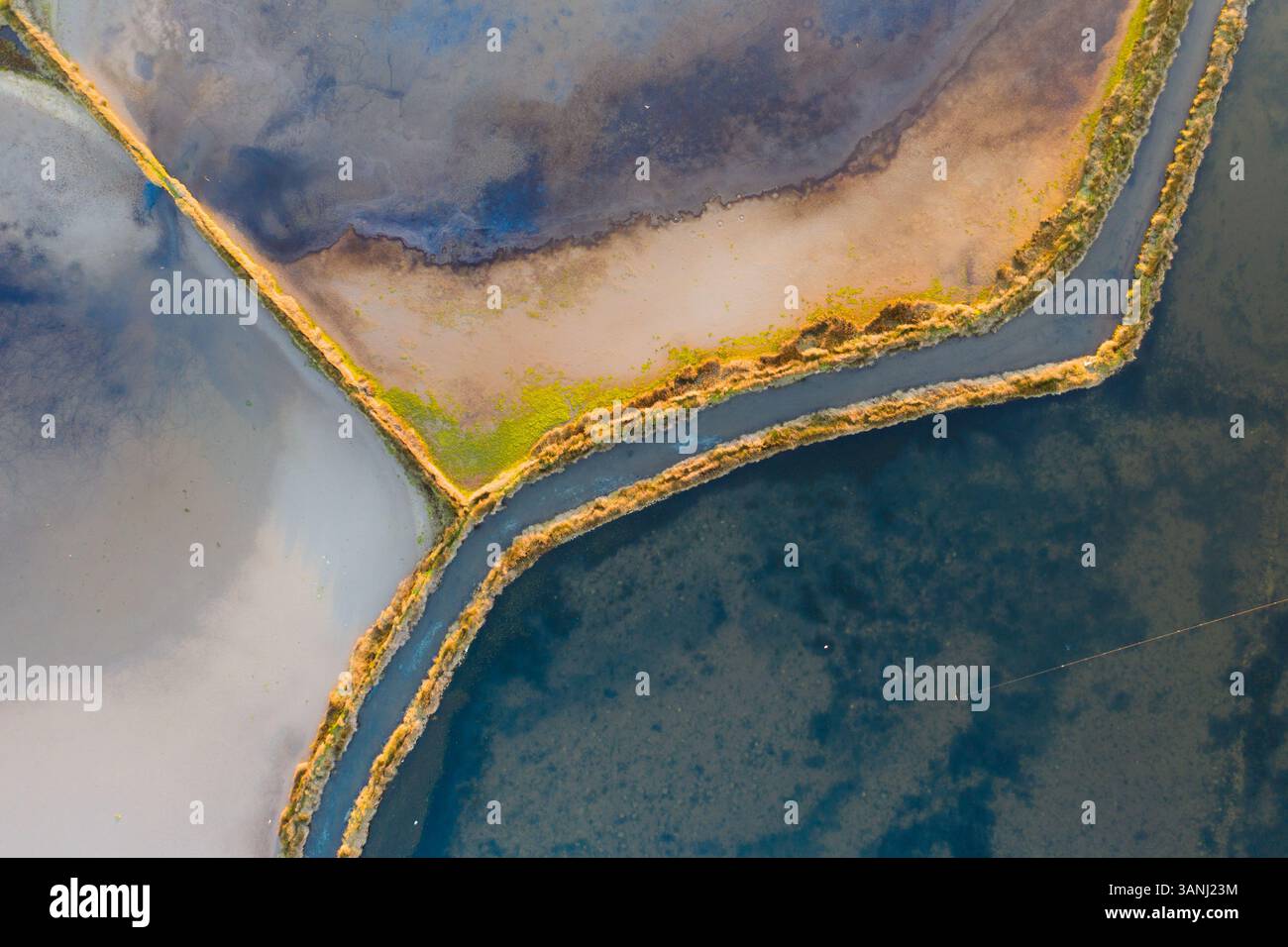 Luftaufnahme der Muster und Farben der Salzdampfteiche während des Sonnenaufgangs in Aveiro, Portugal Stockfoto