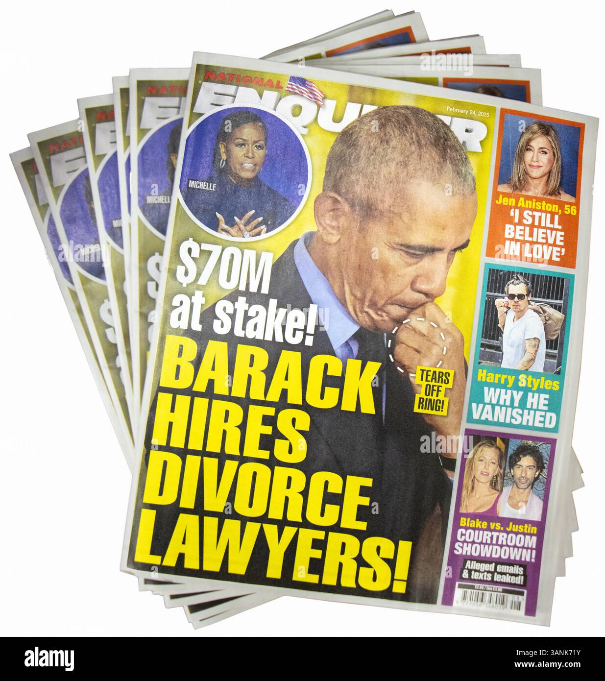 Barack Obama scheidet Gerüchte in der Zeitung National Enquirer. Michelle Obama und der ehemalige Präsident Barack Obama berichten nach Gerüchten über Eheprobleme. Stockfoto