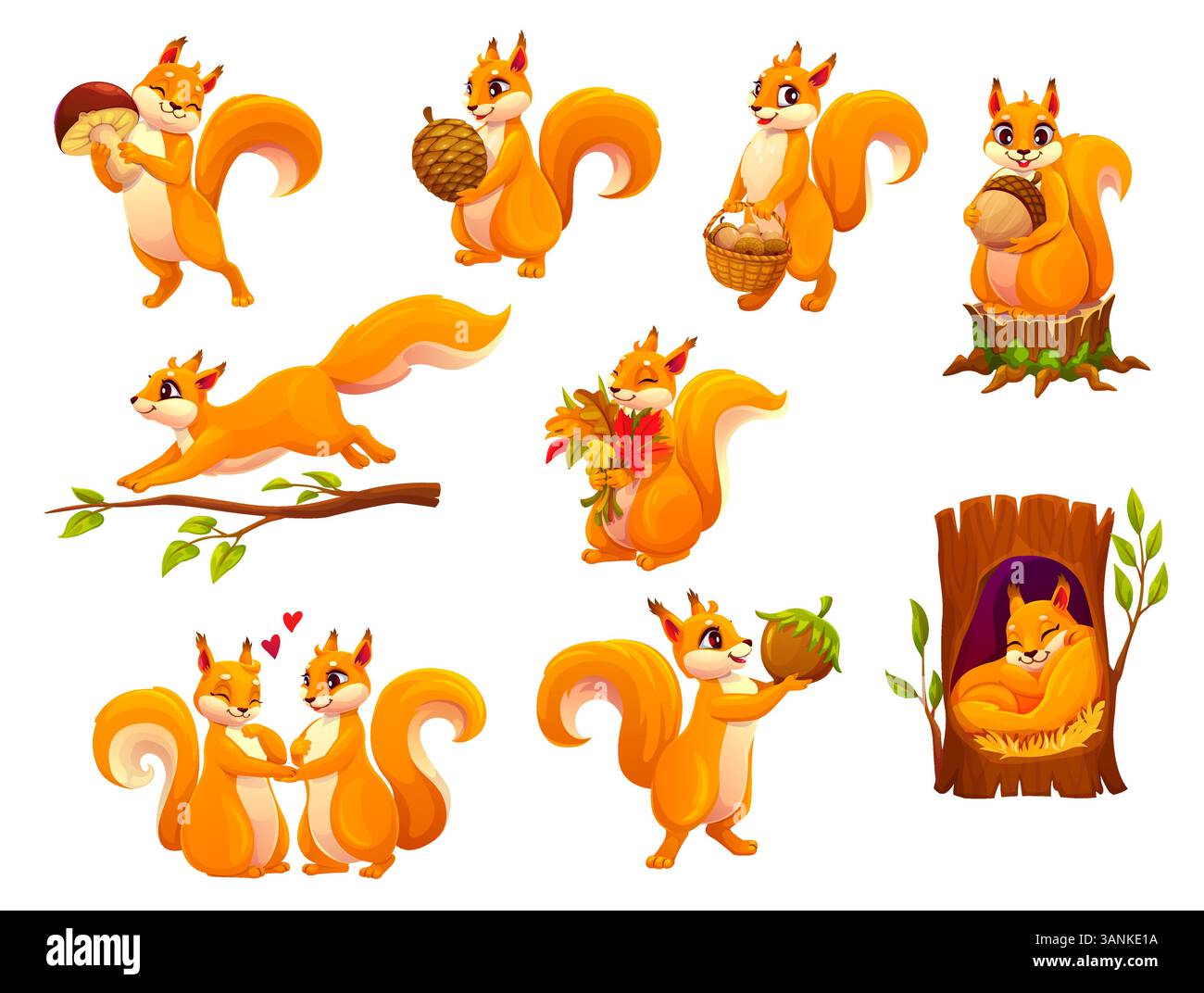 Zeichentrickfilm Eichhörnchen Tierfiguren Set. Niedliche Waldtier-Vektorfiguren mit Nüssen, Pilzen, Pinienkegel und Eicheln im Korb. Rote Eichhörnchen, die auf Baumästen laufen und in der Höhle schlafen Stock Vektor