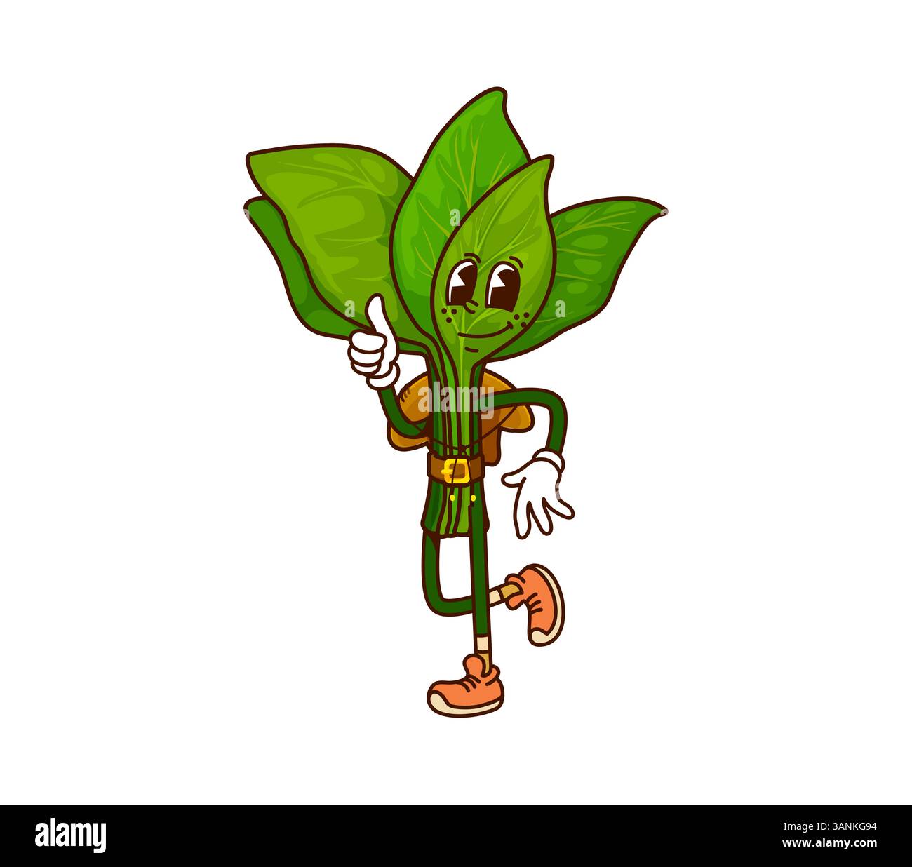 Cartoon grooviger Spinat Cowboy Gemüse und Banditen Charakter. Lustiger Vektor mutiger Western Green Food Ranger, Sheriff, Räuberfigur mit Hut, Gürtel und Retro-Hippie-Sneakers, die mit dem Finger zeigen Stock Vektor