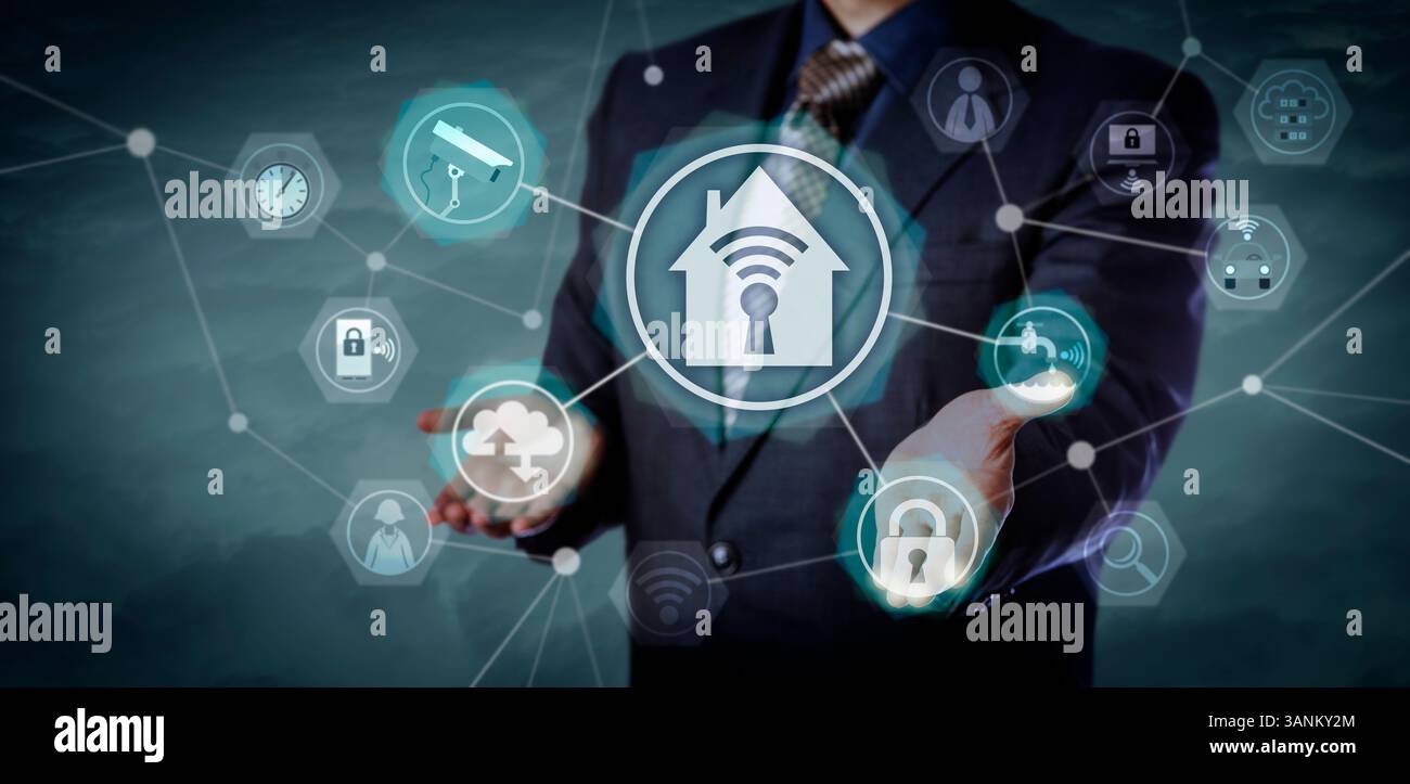 Blue Chip Business Manager aktiviert das Netzwerk für Smart Home-Anwendungen im Cyberspace. Technologiekonzept für drahtlose Sicherheit und Heimautomatisierung, Inte Stockfoto