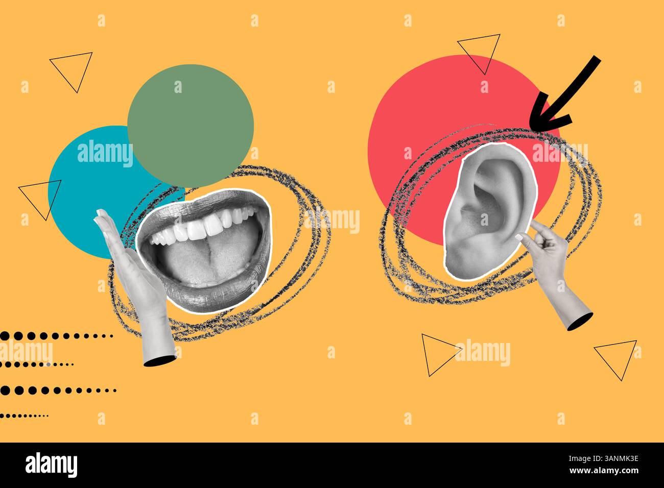 Collage von Frauenhänden, Frauenmund und Ohr auf farbigen Kreisen auf orangefarbenem Hintergrund Stockfoto