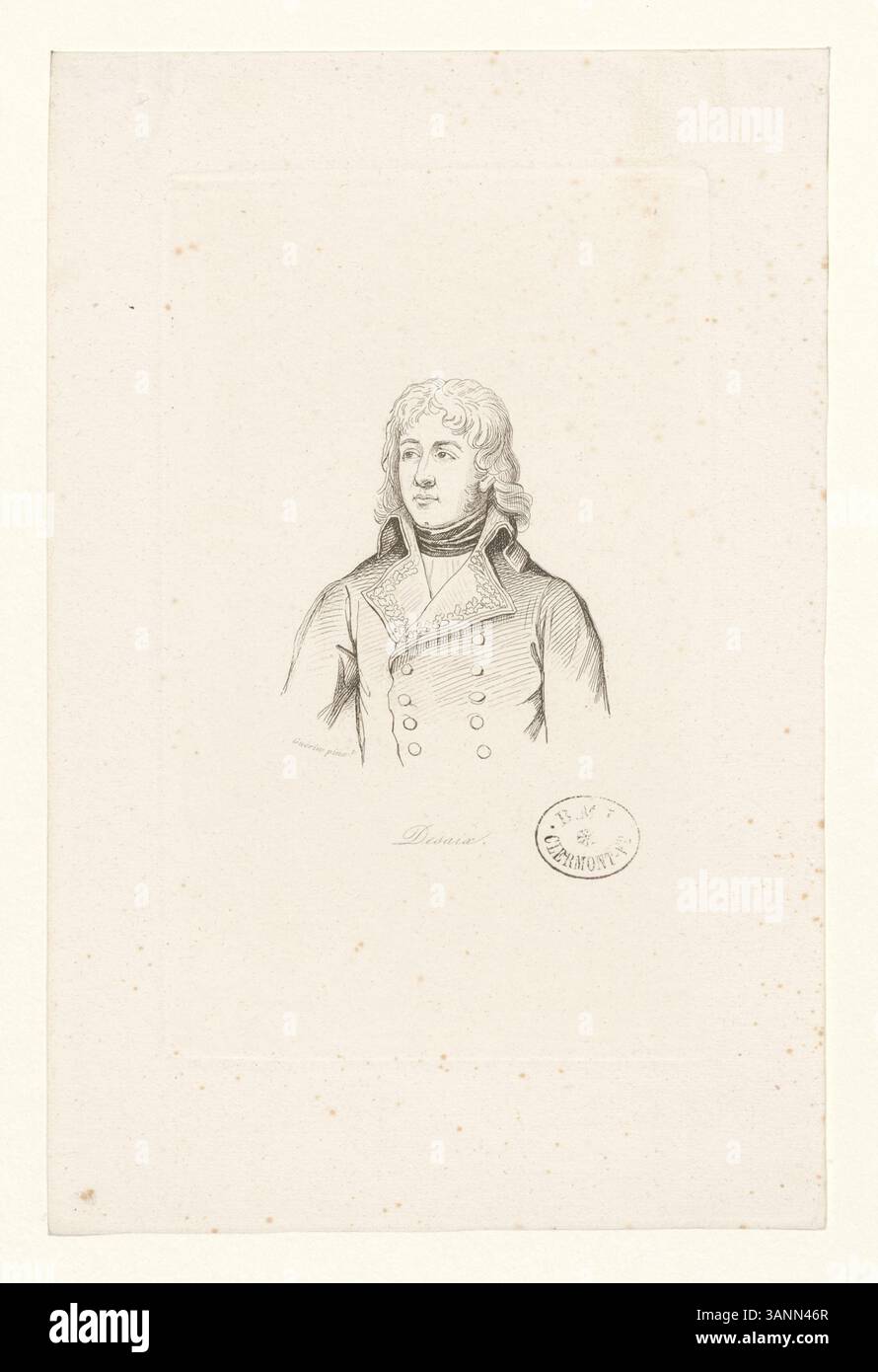 Tiefdruck mit General Louis Desaix, der seine Rolle in der französischen Militärgeschichte einnimmt. Der Druck erinnert an seine bedeutenden Beiträge während der Napoleonischen Kriege, insbesondere in der Schlacht von Marengo. Stockfoto