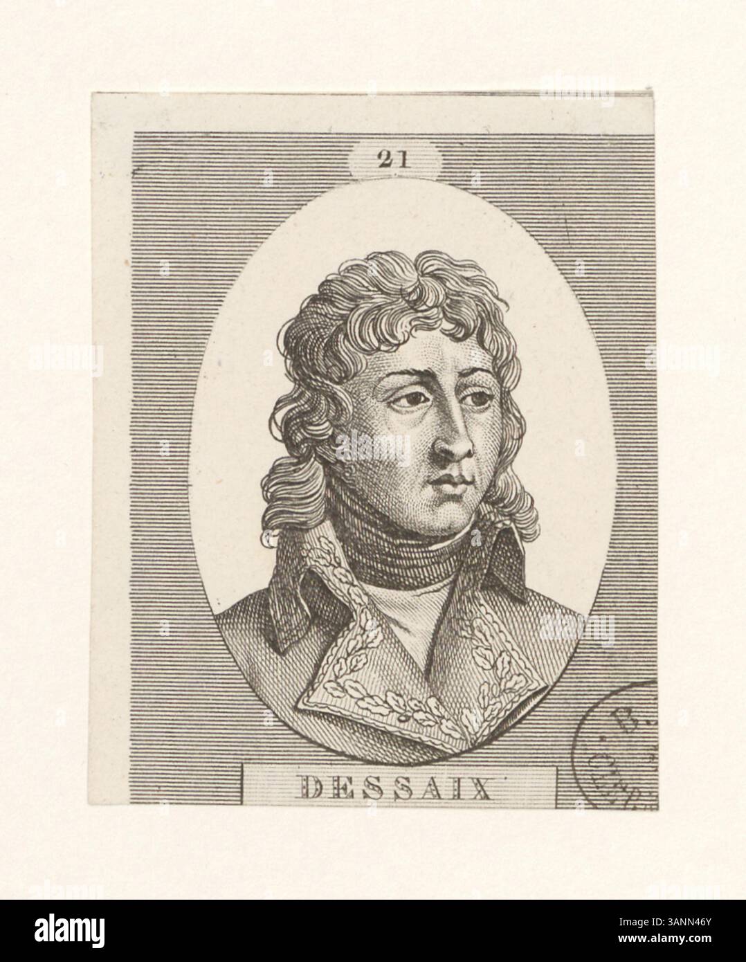 Tiefdruck von General Louis Desaix, der sein Vermächtnis als prominente Persönlichkeit in der französischen Armee betont. Dieser Druck erinnert an seine bedeutende Rolle während der Napoleonischen Kriege und seinen Tod in der Schlacht von Marengo. Stockfoto