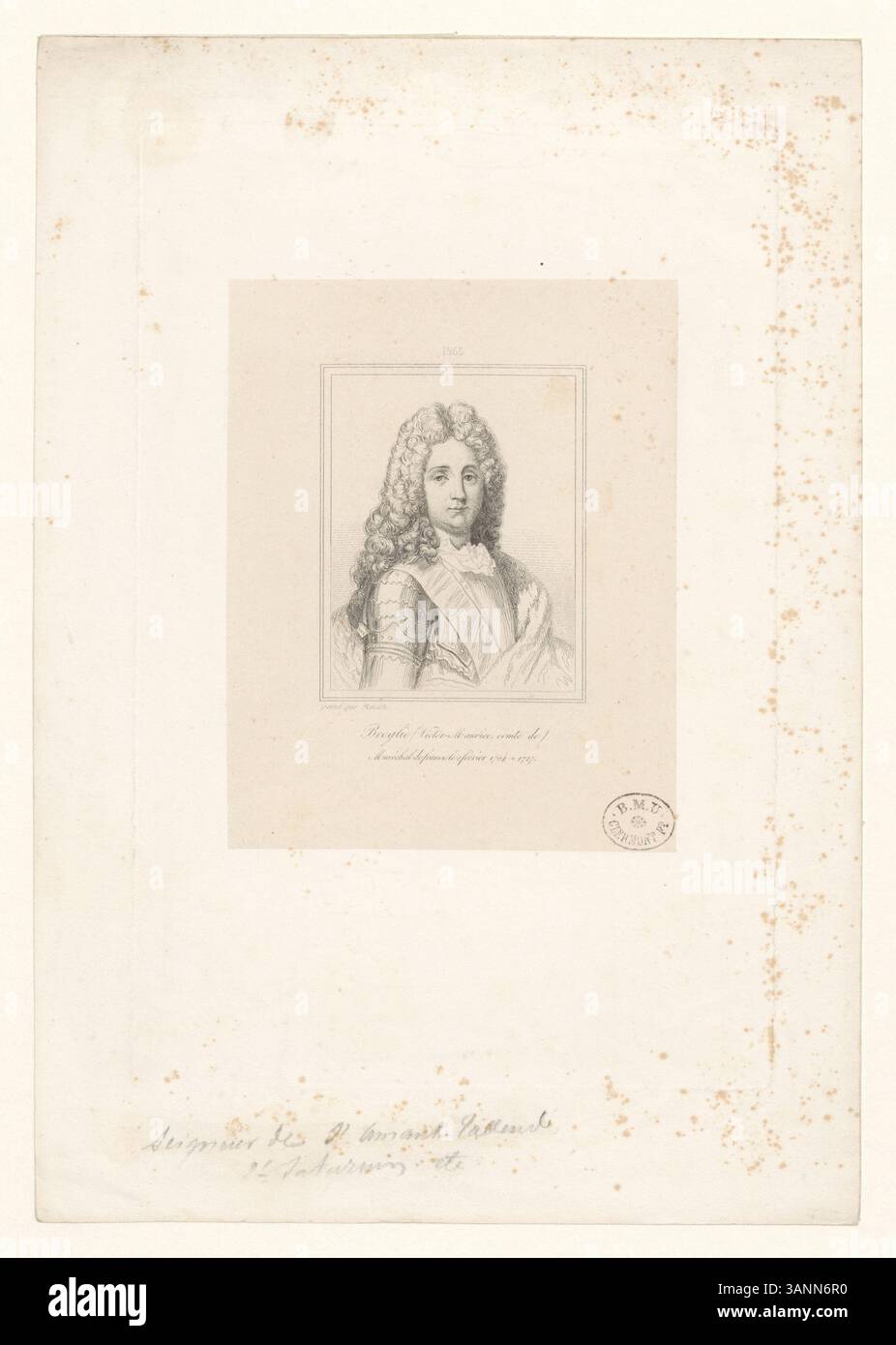 Tiefdruck von Victor-Maurice, Comte de Broglie, Maréchal von Frankreich, der seine Rolle in der französischen Militärgeschichte des 18. Jahrhunderts darstellt. Eine Schlüsselfigur der französischen Armee während seiner Zeit. Stockfoto