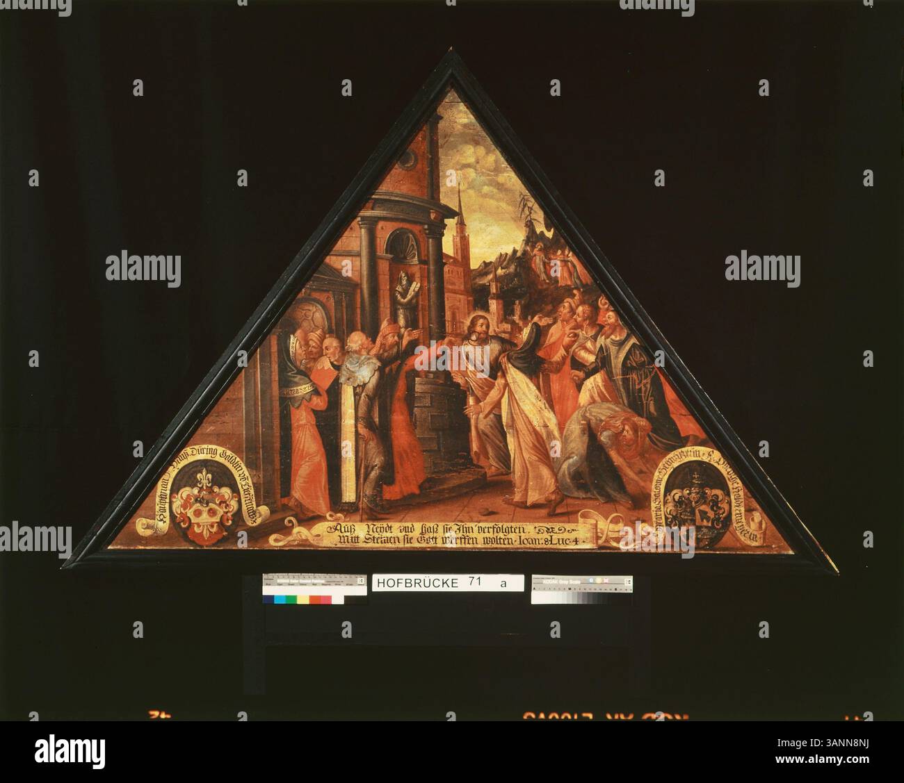 Ein Gemälde, das den Versuch darstellt, Christus zu steinigen. Die Szene zeigt den Zorn der Menge, als sie versuchen, Steine auf Jesus zu werfen. Das Gemälde vermittelt einen Moment der Verfolgung und Feindseligkeit gegenüber Christus. Das Kunstwerk befindet sich im Stadtarchiv Luzern. Stockfoto