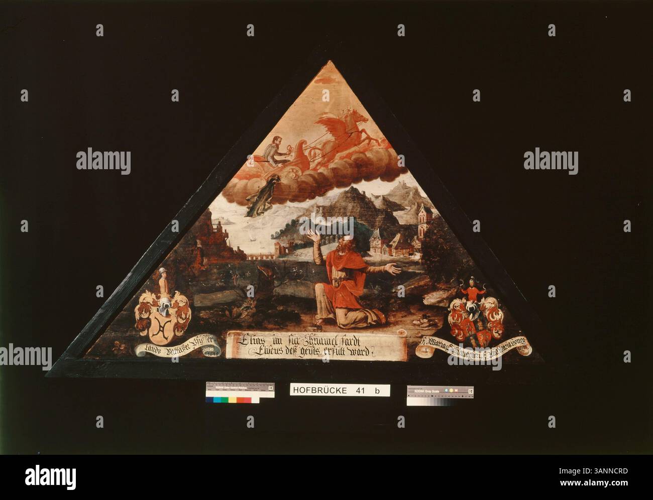 Dieses Gemälde zeigt die Himmelfahrt Elias, wo Elia in einem Wirbelwind in den Himmel gebracht wird, der von seinem Schüler Elischa bezeugt wird. Die Szene zeigt Elias göttlichen Abgang und Elischa, der den Geist der Prophezeiung empfängt. Stockfoto