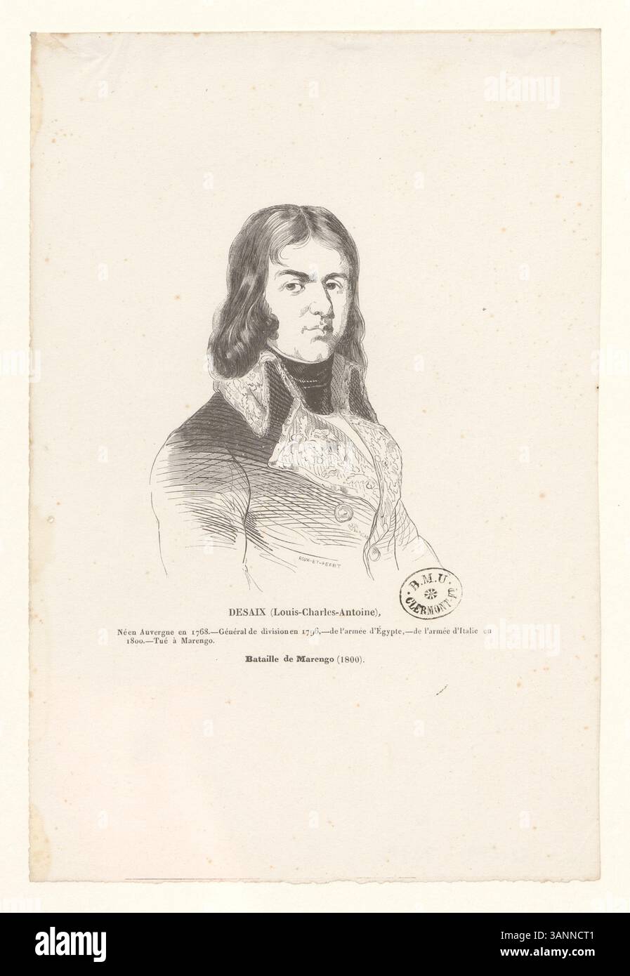 Dieser Holzstich von Louis-Charles-Antoine Desaix, einer herausragenden französischen Militärfigur, zeigt eine detaillierte Darstellung seiner Rolle in den Französischen Unabhängigkeitskriegen, insbesondere in der Schlacht von Marengo. Es ist Teil der Sammlung Boyer, die seine Bedeutung in der französischen Militärgeschichte zeigt. Stockfoto