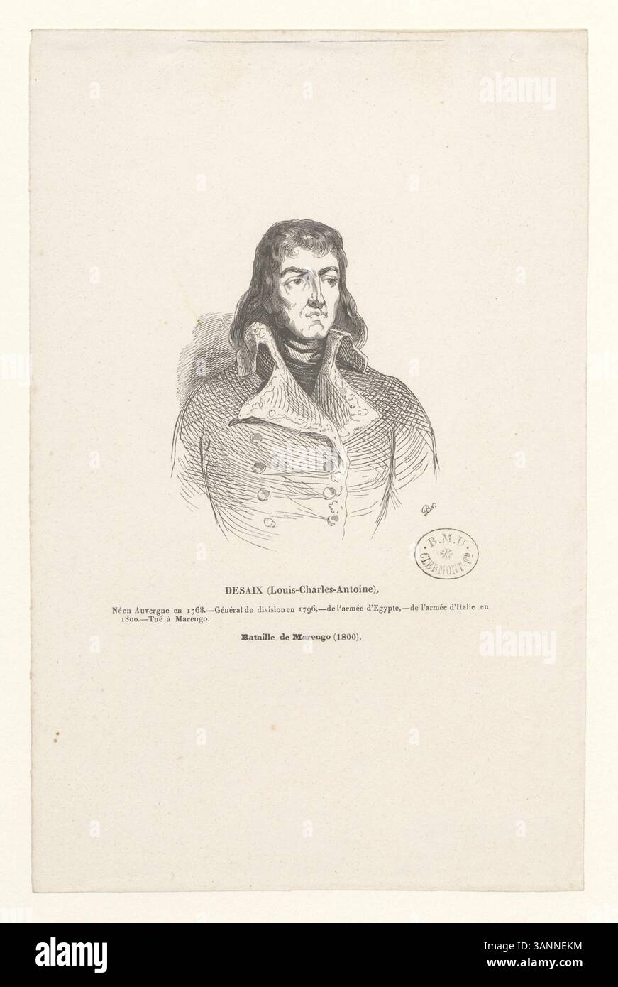 Dieser Holzstich aus der Sammlung Boyer zeigt Louis-Charles-Antoine Desaix, einen französischen General, der eine Schlüsselrolle in den Französischen Unabhängigkeitskriegen spielte und in der Schlacht von Marengo starb. Stockfoto