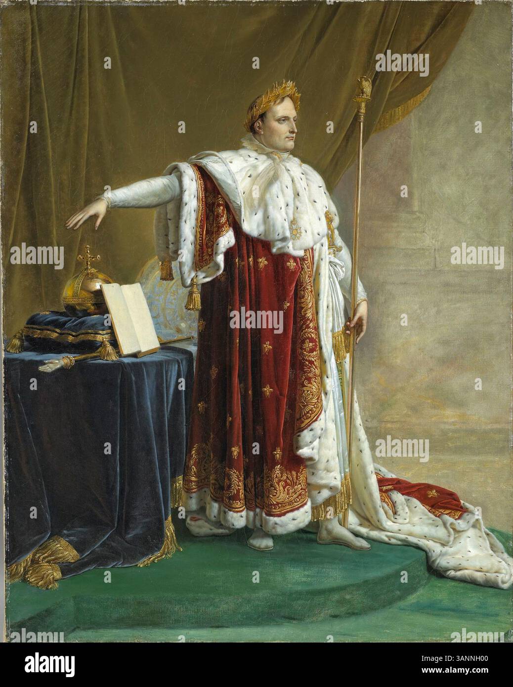 Ein Porträt von Napoleon Bonaparte in seinen Krönungsgewändern, gemalt von Anne-Louis Girodet im frühen 19. Jahrhundert. Dieses Ölgemälde zeigt den französischen Kaiser in voller königlicher Kleidung und zeigt seinen kaiserlichen Status. Stockfoto