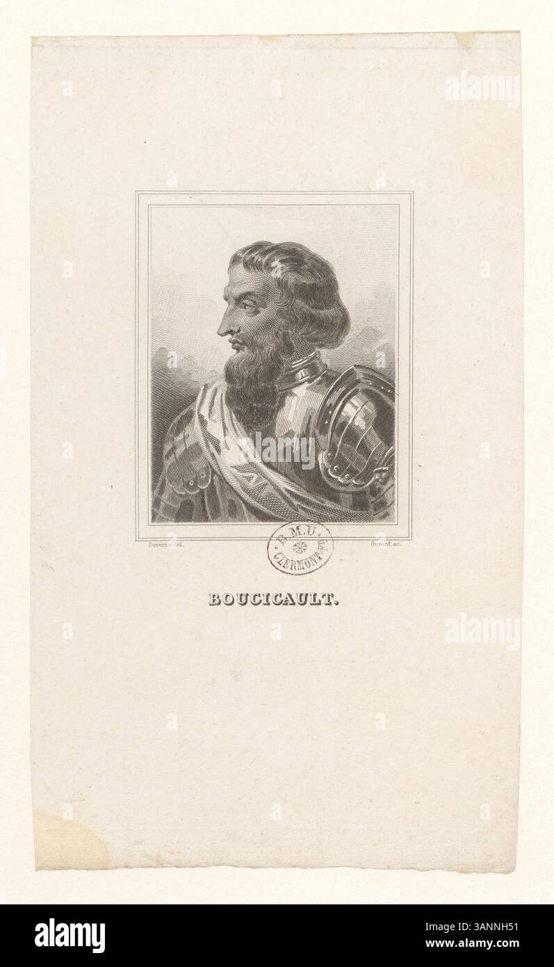Tiefdruck aus der Sammlung Boyer mit Jean Le Maingre, bekannt als Boucicaut, mit einem Porträt von Achille Devéria, einem französischen Künstler, der für sein historisches und Porträtwerk im 19. Jahrhundert bekannt ist. Stockfoto
