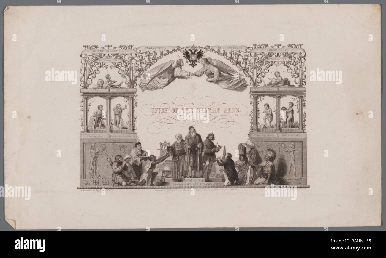 Dieser Stich von Carl Kotterba aus dem Jahr 1851, nach Leander Russ, zeigt die „Vereinigung der grafischen Künste“. Das Werk entstand in der kaiserlichen und staatlichen Druckerei in Wien und spiegelt den europäischen Fokus auf Grafik und Druckerei des 19. Jahrhunderts wider. Stockfoto