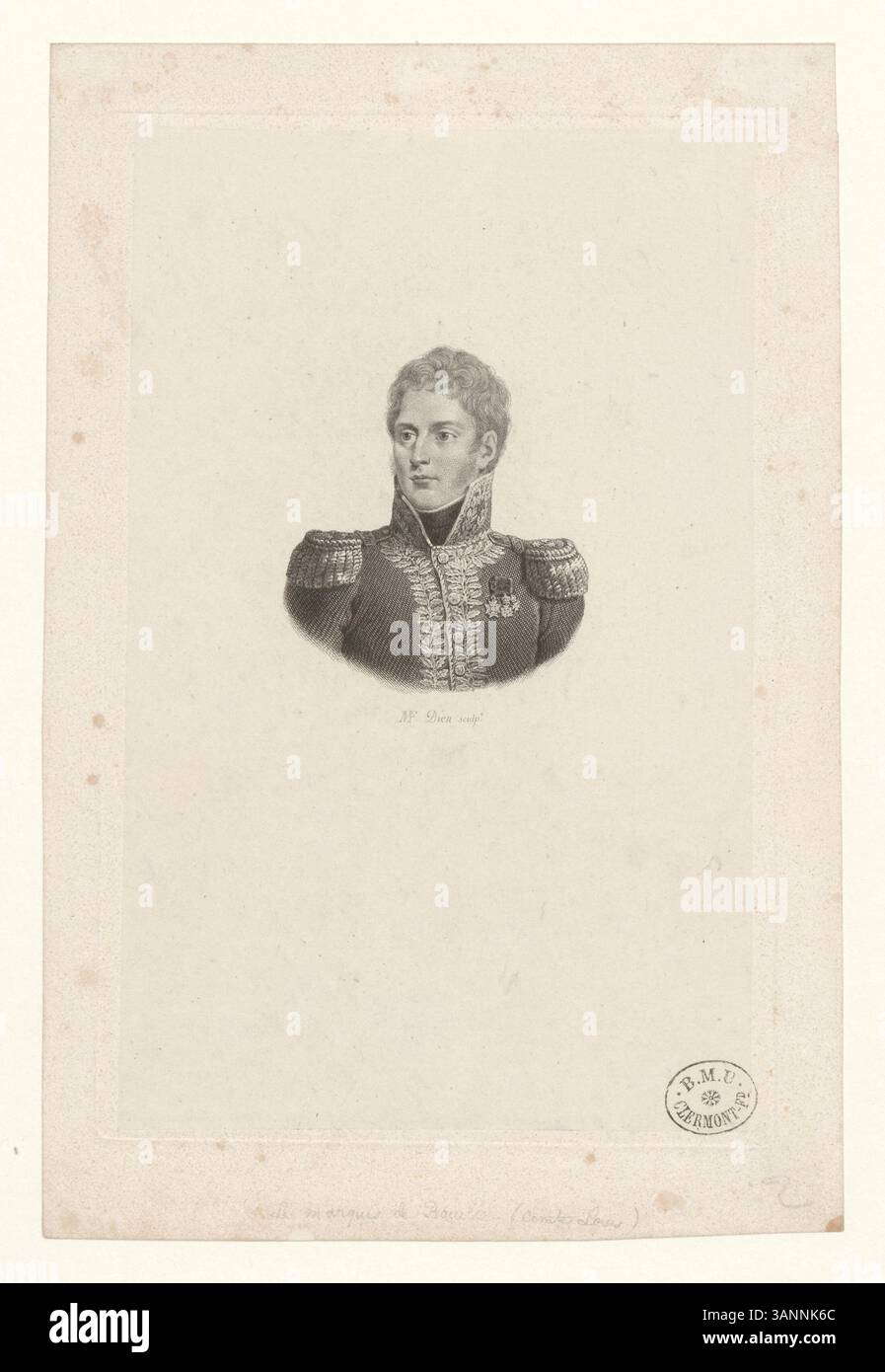 Tiefdruck aus der Sammlung Boyer, der Marquis Louis-Joseph-Amour de Bouillé darstellt, einen französischen Militärführer, der für seine Dienste während der Französischen Revolution bekannt ist. Stockfoto