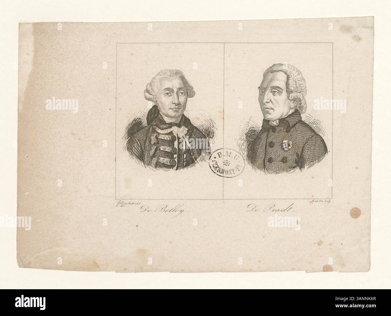 Dieser Tiefdruck von Pierre-Laurent Buirette de Belloy zeigt die Figuren de Belloy und de Pradt. Es ist Teil der Boyer-Sammlung und zeigt französische historische Persönlichkeiten. Stockfoto