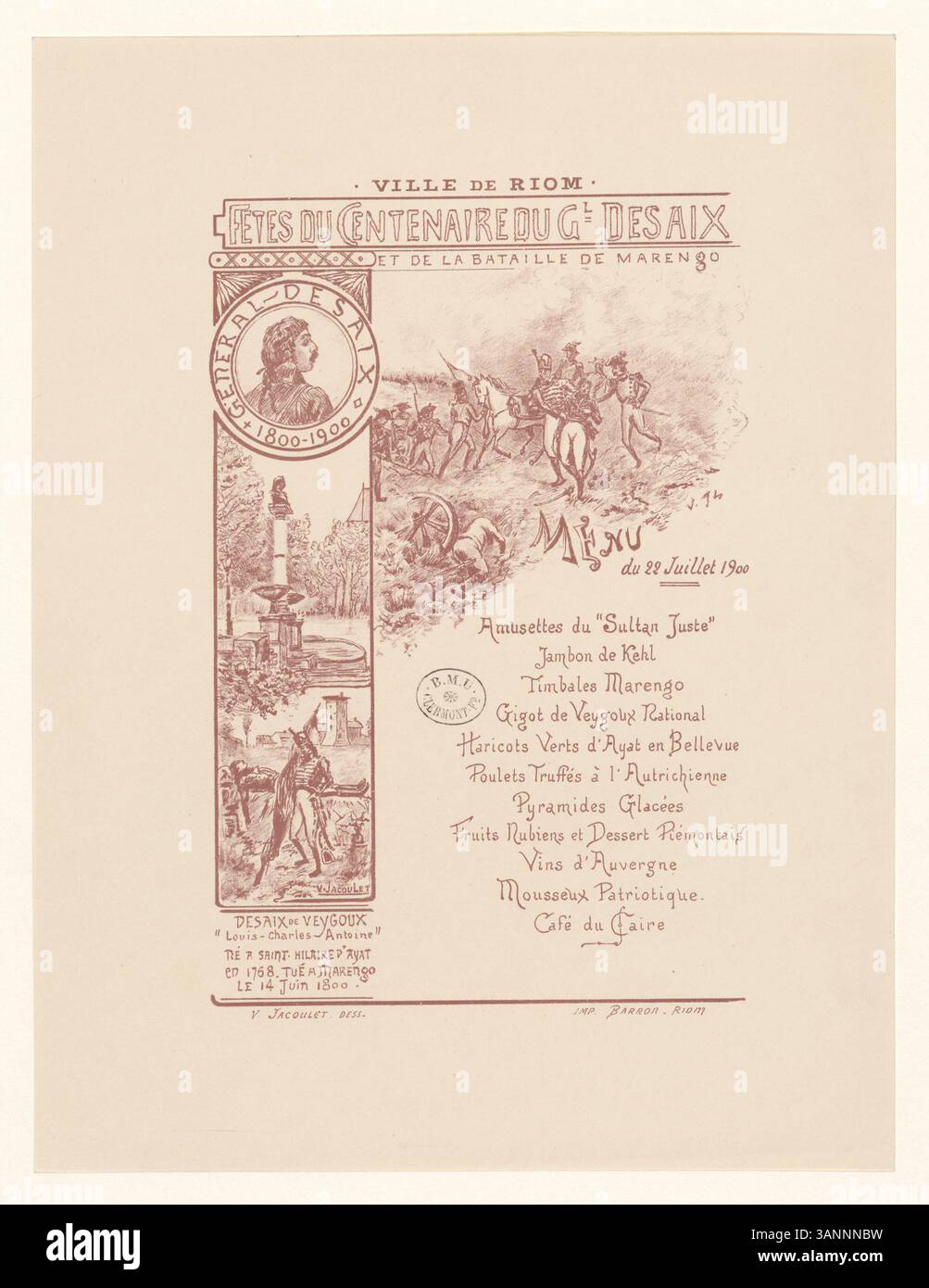 Diese Lithografie enthält ein Menü für die 1900-hundertjährige Feier von General Desaix und die Schlacht von Marengo in Riom, ein bedeutendes französisches Militärereignis. Stockfoto