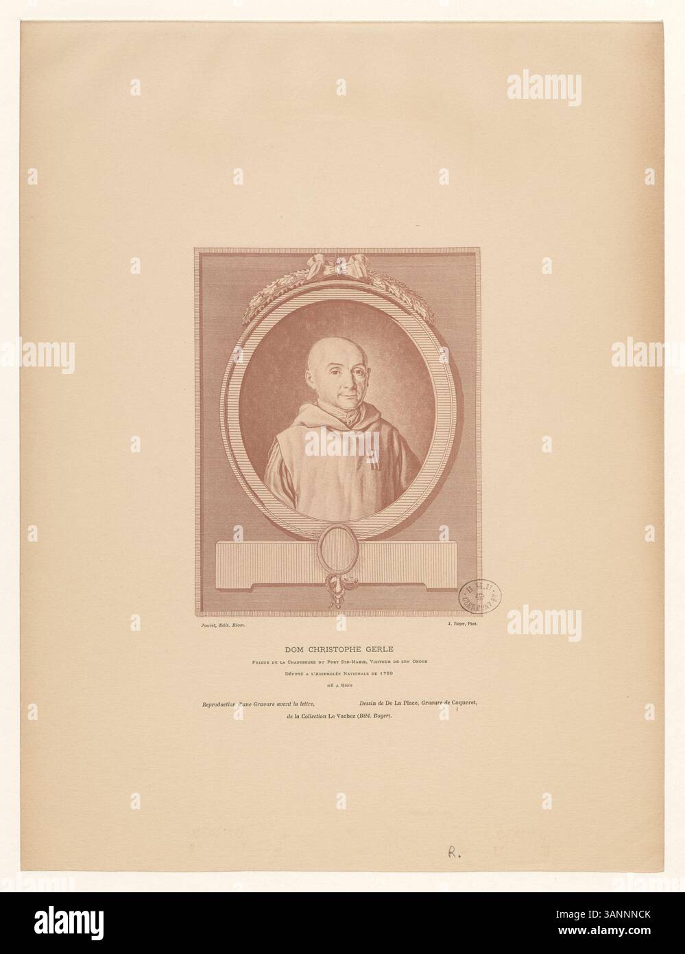 Dom Christophe Gerle, Prior der Chartreuse du Port Ste-Marie, Besucher seines Ordens und Abgeordneter der Nationalversammlung von 1789, ist in diesem fotomechanischen Druck dargestellt. Seine Rolle in der Kirche und in der Politik während der Revolution wird hervorgehoben. Stockfoto