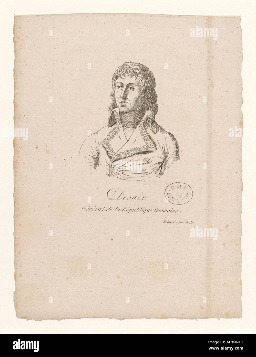 Tiefdruck von General Louis Desaix, einem wichtigen militärischen Führer während der Französischen Revolution und der Napoleonischen Kriege. Dieser Druck unterstreicht seine bedeutende Rolle in der französischen Armee und seinen Dienst als General der Französischen Republik. Stockfoto