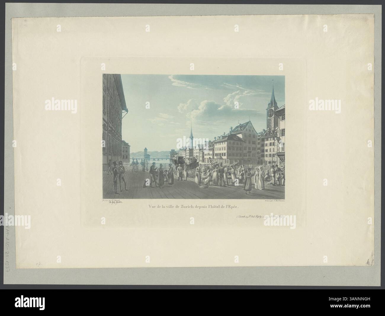 Aquatindruck von Zürichs Stadtbild aus der Hôtel de l'Epée. Die Arbeit erfasst eine detaillierte Luftaufnahme der Stadt von einem prominenten Gebäude der Zeit. Stockfoto